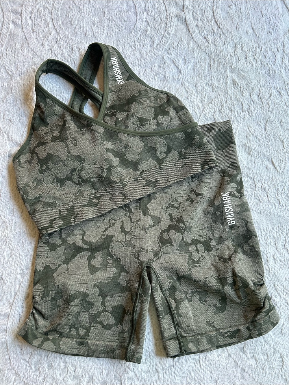 Gymshark Adapt Green Camo gym bra and shorts set both size medium